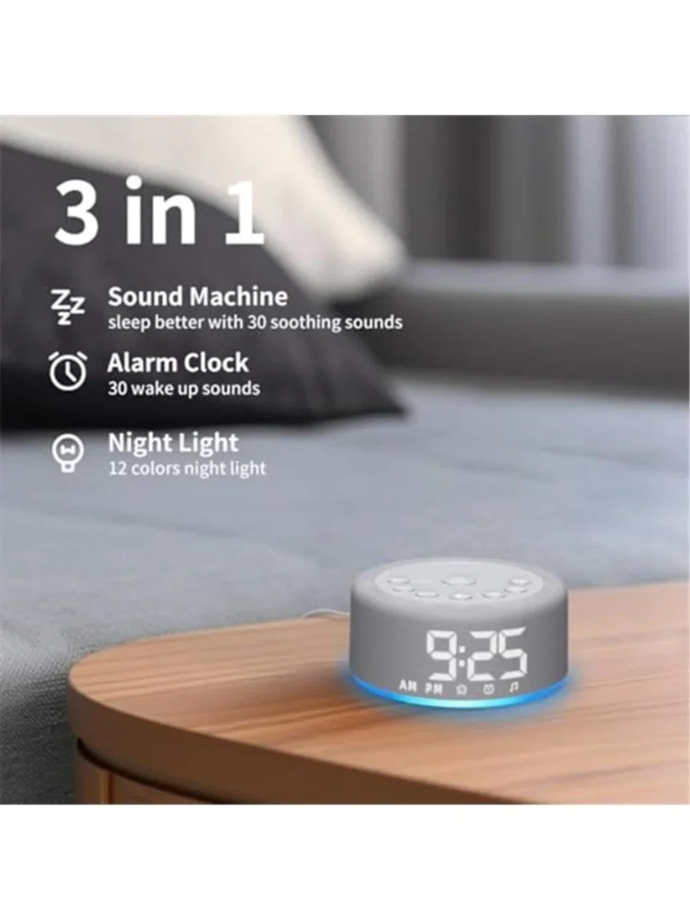White Noise Sound Machine Alarm Clock Night Light 12 Color Sleep Aid 30 Sounds